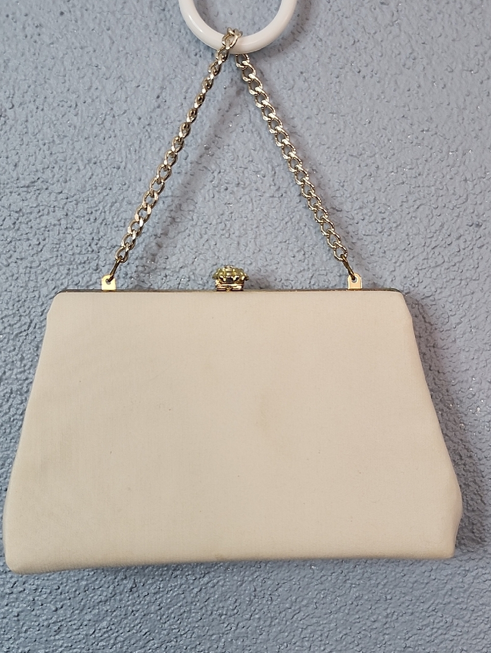 Cream Frame-Top Evening Clutch with Gold Chain
